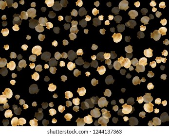 Gold seashells vector, golden pearl bivalved mollusks. Cartoon scallop, bivalve pearl shell, marine mollusk isolated on black wild life nature background. Trendy gold sea shell design.