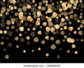 Gold seashells vector, golden pearl bivalved mollusks. Cartoon scallop, bivalve pearl shell, marine mollusk isolated on black wild life nature background. Chic gold sea shell illustration.