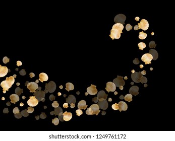 Gold seashells vector, golden pearl bivalved mollusks. Macro scallop, bivalve pearl shell, marine mollusk isolated on black wild life nature background. Cool gold sea shell illustration.