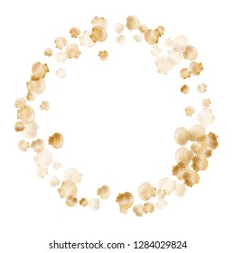 Gold seashells vector, golden pearl bivalved mollusks. Aquarium scallop, bivalve pearl shell, marine mollusk isolated on white wild life nature background. Trendy gold sea shell vector.