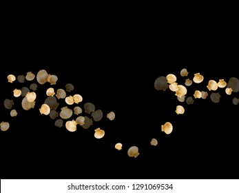 Gold seashells vector, golden pearl bivalved mollusks. Aquarium scallop, bivalve pearl shell, marine mollusk isolated on black wild life nature background. Chic gold sea shell graphics.