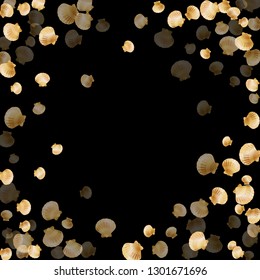 Gold seashells vector, golden pearl bivalved mollusks. Sea scallop, bivalve pearl shell, marine mollusk isolated on black wild life nature background. Stylish gold sea shell design.