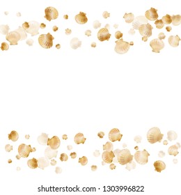 Gold seashells vector, golden pearl bivalved mollusks. Cartoon scallop, bivalve pearl shell, marine mollusk isolated on white wild life nature background. Stylish gold sea shell illustration.