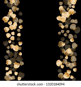 Gold seashells vector, golden pearl bivalved mollusks. Underwater scallop, bivalve pearl shell, marine mollusk isolated on black wild life nature background. Chic gold sea shell illustration.