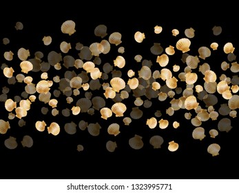Gold seashells vector, golden pearl bivalved mollusks. Macro scallop, bivalve pearl shell, marine mollusk isolated on black wild life nature background. Cool gold sea shell illustration.