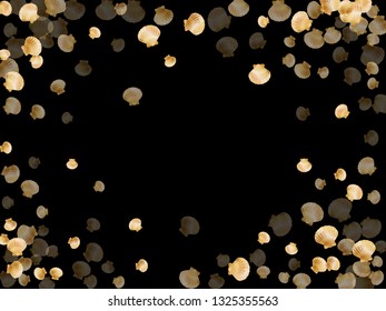 Gold seashells vector, golden pearl bivalved mollusks. Underwater scallop, bivalve pearl shell, marine mollusk isolated on black wild life nature background. Chic gold sea shell graphics.