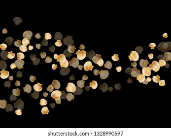 Gold seashells vector, golden pearl bivalved mollusks. Oceanic scallop, bivalve pearl shell, marine mollusk isolated on black wild life nature background. Rich gold sea shell design.