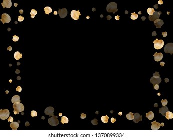 Gold seashells vector, golden pearl bivalved mollusks. Exotic scallop, bivalve pearl shell, marine mollusk isolated on black wild life nature background. Trendy gold sea shell illustration.