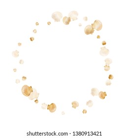 Gold seashells vector, golden pearl bivalved mollusks. Sea scallop, bivalve pearl shell, marine mollusk isolated on white wild life nature background. Cool gold sea shell illustration.