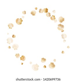 Gold seashells vector, golden pearl bivalved mollusks. Aquatic scallop, bivalve pearl shell, marine mollusk isolated on white wild life nature background. Stylish gold sea shell graphics.