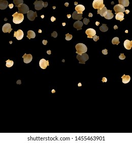 Gold seashells vector, golden pearl bivalved mollusks. Cute scallop, bivalve pearl shell, marine mollusk isolated on black wild life nature background. Cool gold sea shell illustration.