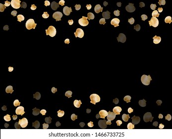 Gold seashells vector, golden pearl bivalved mollusks. Cute scallop, bivalve pearl shell, marine mollusk isolated on black wild life nature background. Stylish gold sea shell vector.