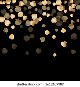 Gold seashells vector, golden pearl bivalved mollusks. Cartoon scallop, bivalve pearl shell, marine mollusk isolated on black wild life nature background. Chic gold sea shell graphics.
