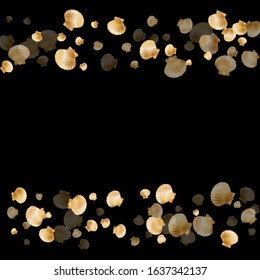 Gold seashells vector, golden pearl bivalved mollusks. Underwater scallop, bivalve pearl shell, marine mollusk isolated on black wild life nature background. Trendy gold sea shell illustration.