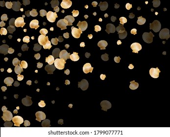 Gold seashells vector, golden pearl bivalved mollusks. Aquatic scallop, bivalve pearl shell, marine mollusk isolated on black wild life nature background. Cool gold sea shell design.