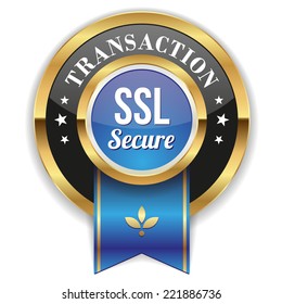 Gold secure transaction badge with blue ribbon on white background