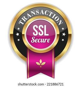 Gold secure transaction badge with purple ribbon on white background