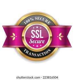 Gold secure transaction badge with purple ribbon on white background