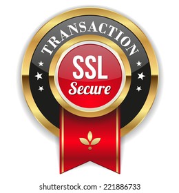 Gold secure transaction badge with red ribbon on white background