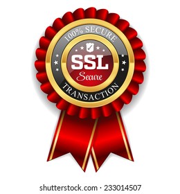 Gold secure transaction badge with red ribbon on white background