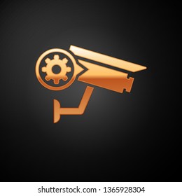 Gold Security camera and gear icon isolated on black background. Adjusting app, service concept, setting options, maintenance, repair, fixing. Vector Illustration