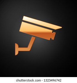 Gold Security camera icon isolated on black background. Vector Illustration
