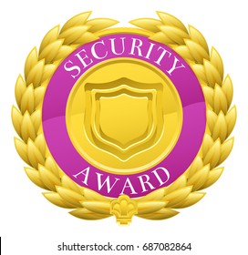 A gold security winner medal with a laurel wreath design