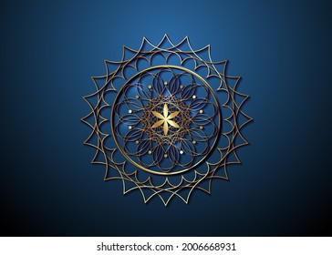 Gold Seed of life symbol Sacred Geometry. Logo icon  Geometric mystic mandala of alchemy esoteric Flower of Life. Vector golden luxury divine meditative amulet isolated on blue background