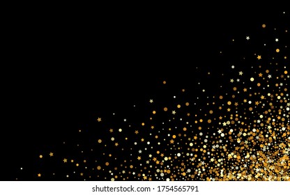 Gold Sequin Falling Black Background. Light Glow Postcard. Yellow Round Transparent Pattern. Rain Anniversary Illustration.