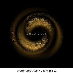 Gold Sequins Glitter Dust Swirl Isolated On Black Background. Vector Illustration EPS10