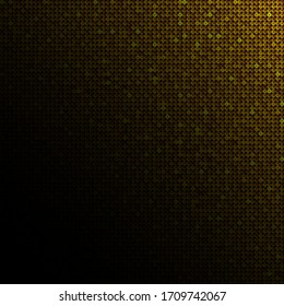 Gold sequins, glitters, sparkles, paillettes, mosaic background template. Abstract luxury halftone vector creative backdrop. Glitter rounds with gradient trendy. Vibrant golden shiny dots glitter.