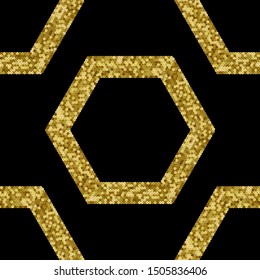 Gold Sequins Luxury Seamless Pattern with Hexagons . Holiday Background