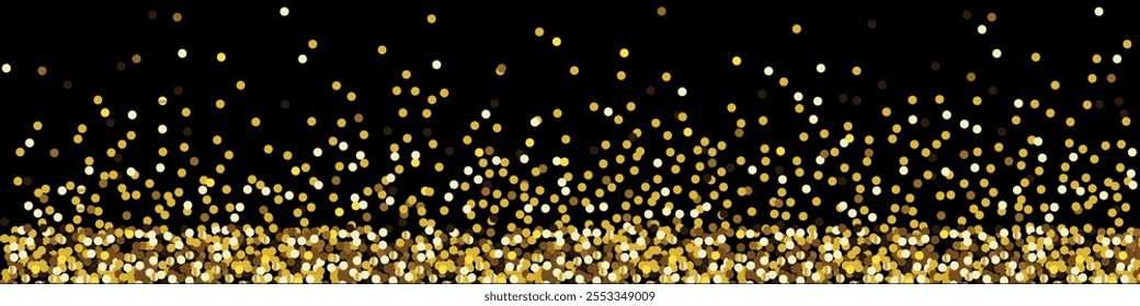 gold sequins on a black background in a horizontal format. a golden glitter frames the bottom edge. a graphic element of the background, festive design. stock vector illustration. EPS 10.