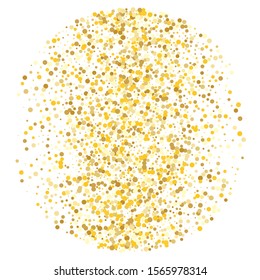 Gold sequins on white background. Party event decoration. Elegant gold invitation. Decoration element. Bright metallic color effect. Christmas backdrop. Retro backdrop pattern. Golden background.