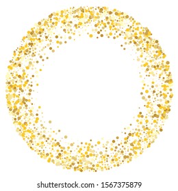 Gold sequins on white background. Party event decoration. Elegant gold invitation. Decoration element. Bright metallic color effect. Christmas backdrop. Retro backdrop pattern. Golden background.