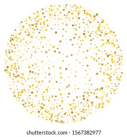 Gold sequins on white background. Party event decoration. Elegant gold invitation. Decoration element. Bright metallic color effect. Christmas backdrop. Retro backdrop pattern. Golden background.