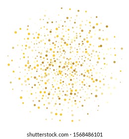 Gold sequins on white background. Party event decoration. Elegant gold invitation. Decoration element. Bright metallic color effect. Christmas backdrop. Retro backdrop pattern. Golden background.