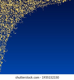 Gold Serpentine Carnival Vector Blue Background. Celebration Ribbon Design. Spiral Flying Branch. Yellow Falling Invitation.