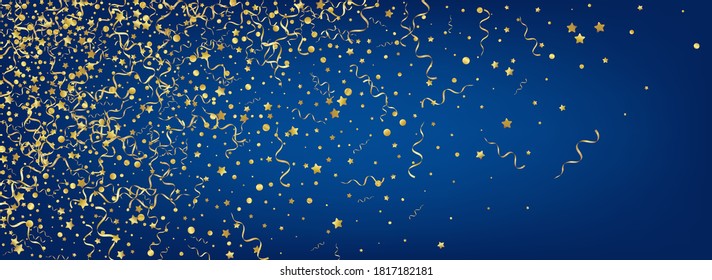 Gold Serpentine Celebration Vector Panoramic Blue Background. Shiny Ribbon Design. Spiral Carnival Template. Golden Swirl Poster.