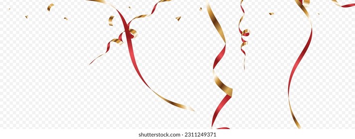 Goldener Weihnachtsvektor mit Panoramablick, transparenter Hintergrund. Shiny Streamer Plant. Spiral Fun Illustration. Burgund und Luxus Swirl Einladung.