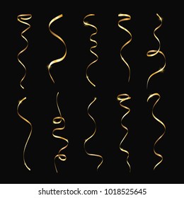 Gold serpentine and confetti isolated on black background. Vector illustration.