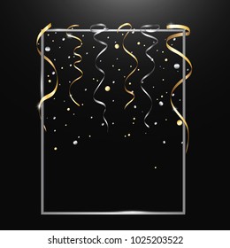 Gold serpentine and confetti isolated on black background. Vector illustration.