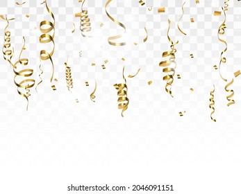 Gold serpentine and confetti isolated on black background. Vector illustration.	