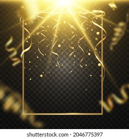 Gold serpentine and confetti isolated on black background. Vector illustration.	
