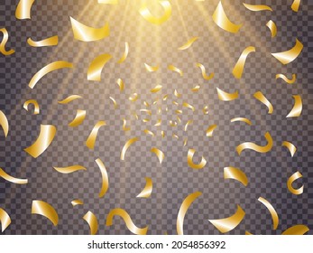 Gold serpentine and confetti isolated on black background. Vector illustration.	