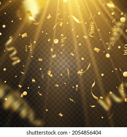 Gold serpentine and confetti isolated on black background. Vector illustration.	