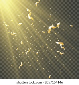 Gold serpentine and confetti isolated on transparent background.Sun lights shine.Vector illustration.