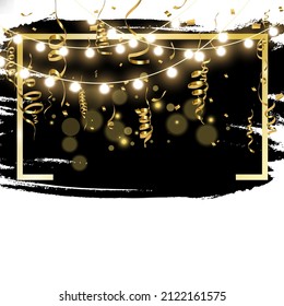 Gold serpentine and confetti isolated on black background. Vector illustration.	
