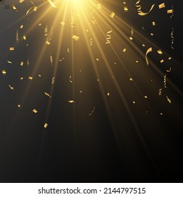 Gold serpentine and confetti isolated on black background. Vector illustration.	