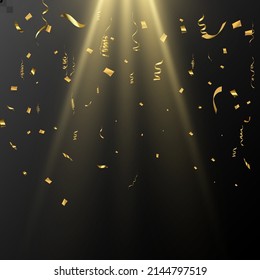 Gold serpentine and confetti isolated on black background. Vector illustration.	